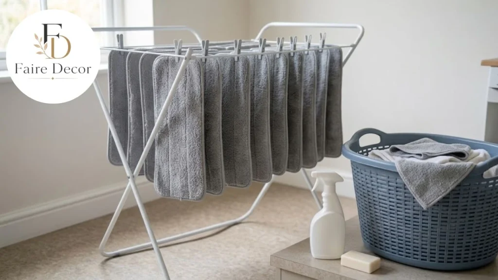 Microfiber mop pads drying after washing