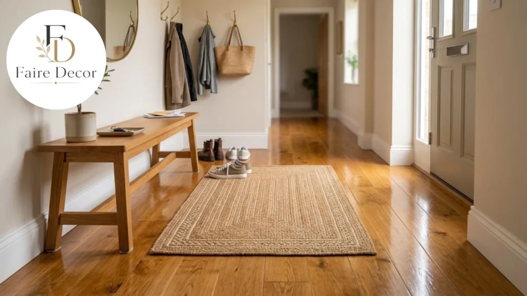 Entryway doormat and felt furniture pads protecting a hardwood floor