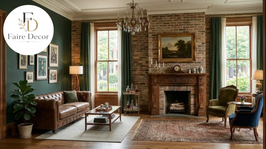 Historic Richmond-style living room with exposed brick and a restored fireplace