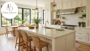 Kitchen island with Taj Mahal quartzite countertop