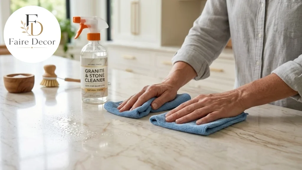 Cleaning a Taj Mahal quartzite countertop with a soft cloth