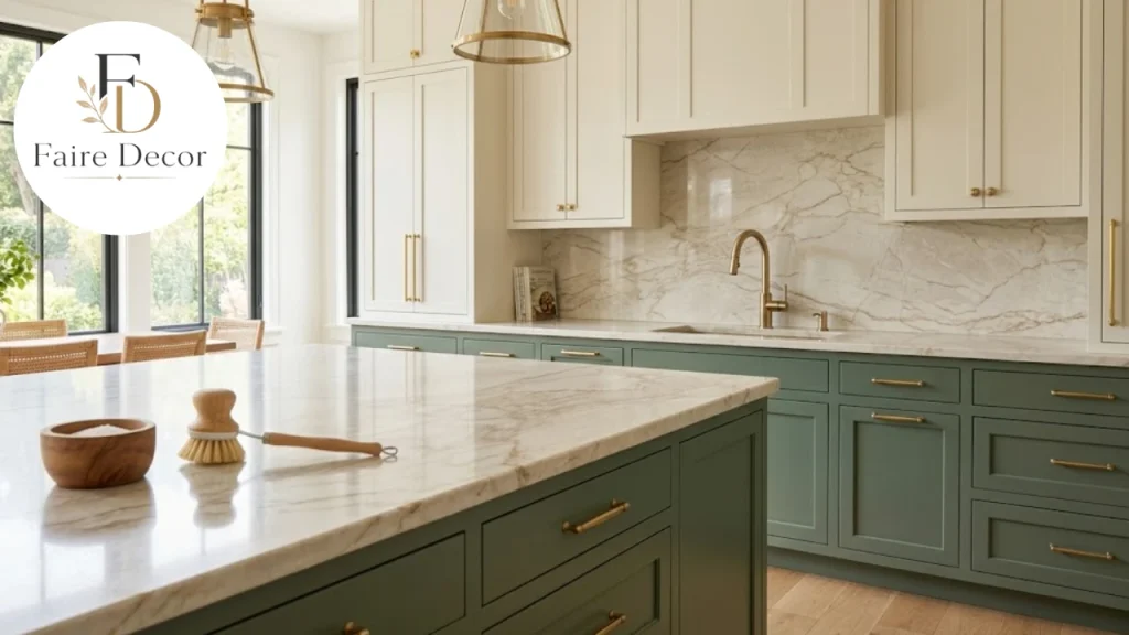 Taj Mahal quartzite with sage green cabinets and brass hardware