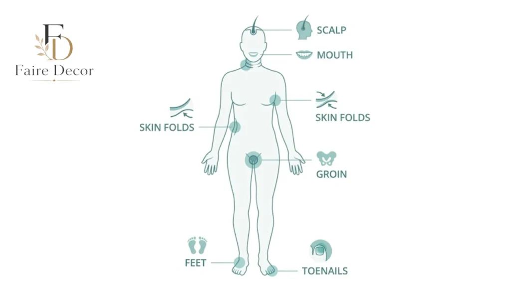 Diagram showing where a fungal infection commonly appears on the body