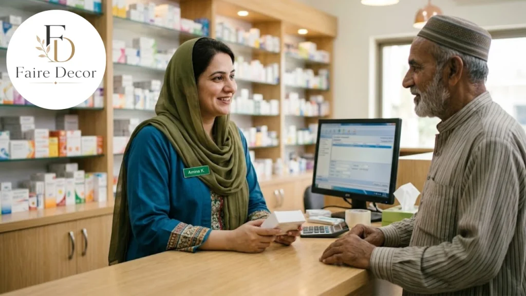 Pharmacist advising a customer on fungal infection treatment