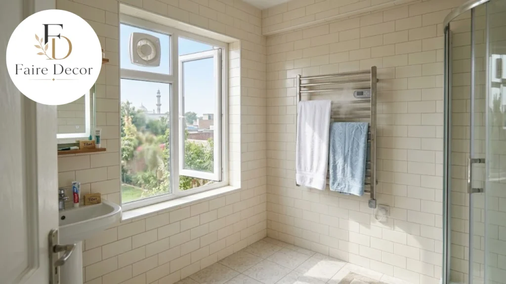 Well-ventilated bathroom with towels drying to reduce damp and mold