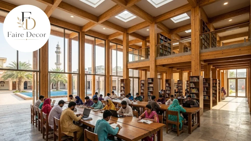 Warm timber library interior with glulam columns and large windows