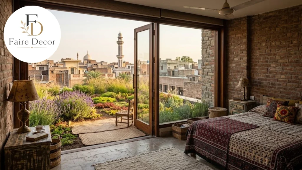 Bedroom opening onto a planted green roof garden