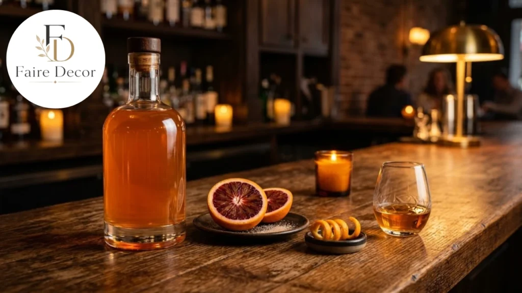 Bottle of orange liqueur with fresh orange slices and peel