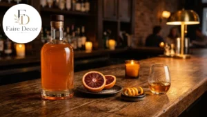 Bottle of orange liqueur with fresh orange slices and peel