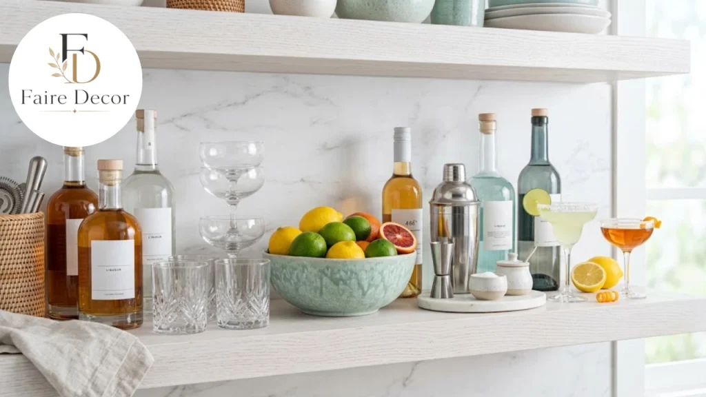 Home bar shelf with orange liqueur, citrus and glassware