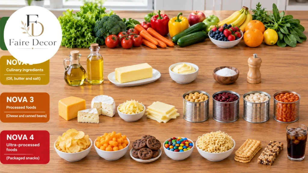 Foods arranged by NOVA processing group, from fresh to ultra-processed