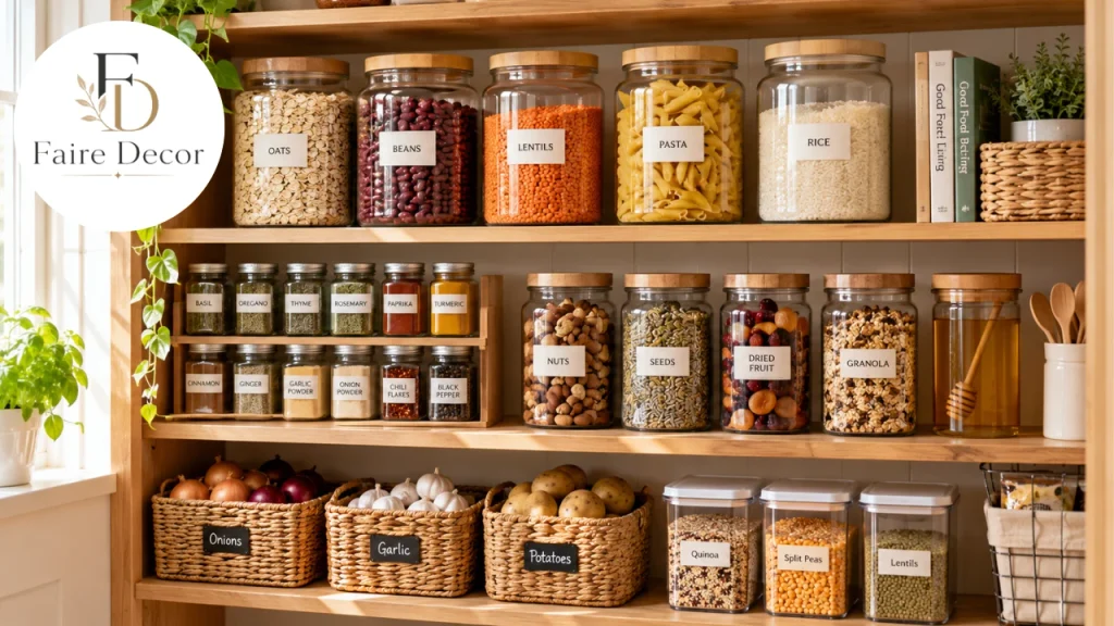 Organized pantry with labeled jars of whole-food staples