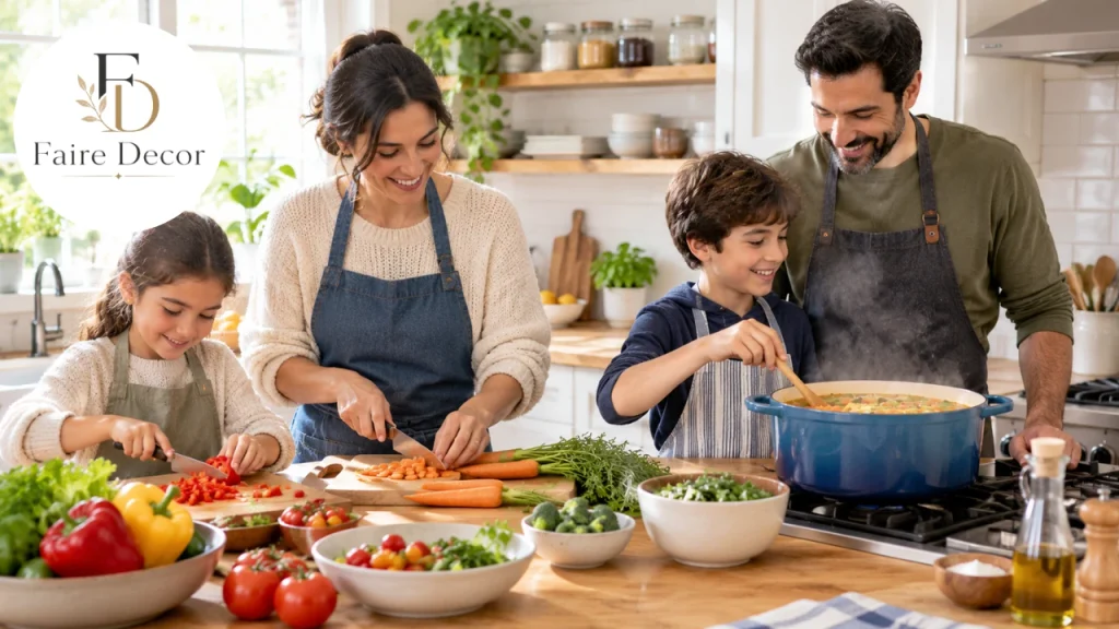 Family batch cooking a homemade soup in the kitchen