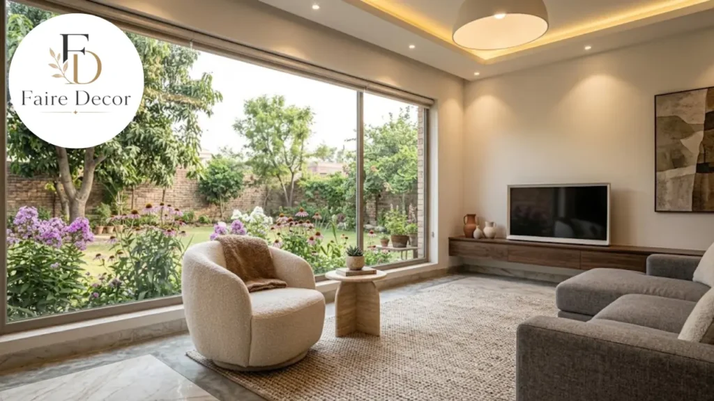 Curved swivel accent chair in a bright modern living room