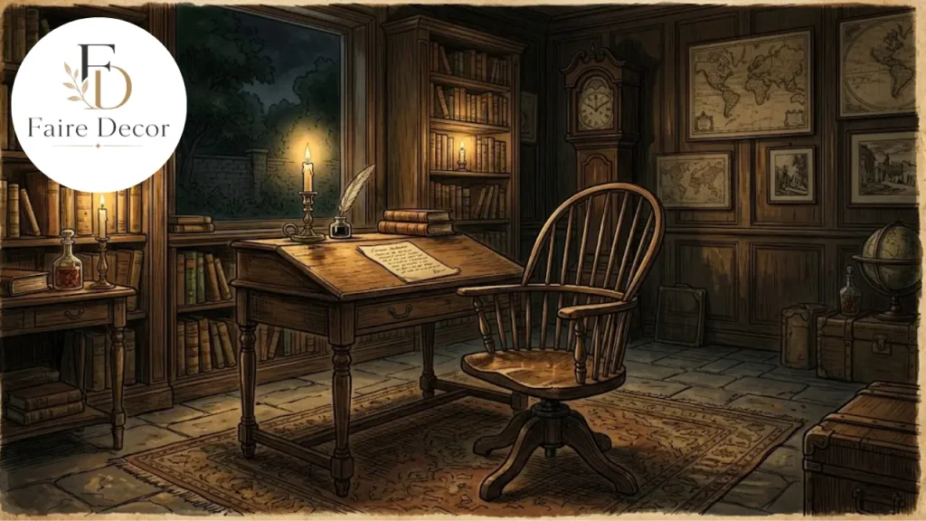Antique-style revolving Windsor armchair in a historic study
