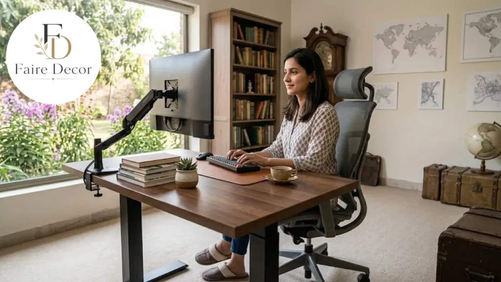 Ergonomic swivel office chair set up correctly at a home desk