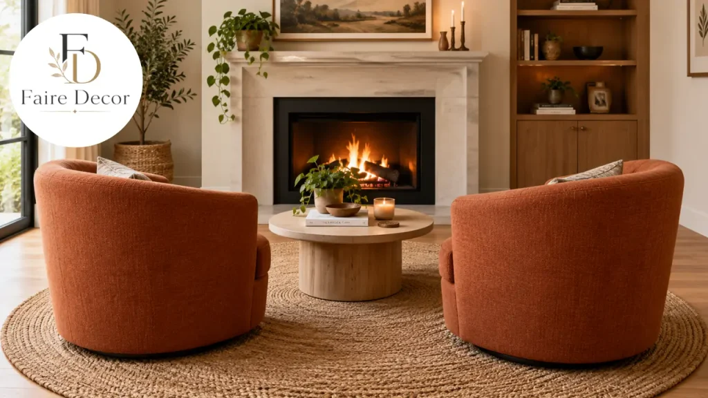 Pair of swivel barrel chairs facing a fireplace in a cosy living room