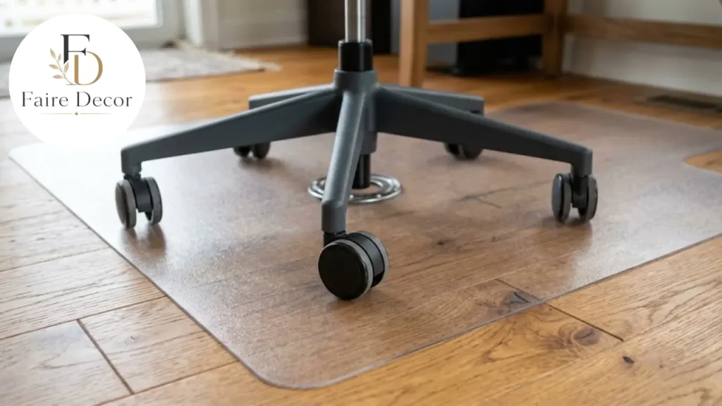 Swivel chair casters on a chair mat protecting a hardwood floor