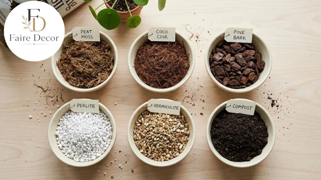 Potting soil ingredients: peat, coir, bark, perlite, vermiculite and compost