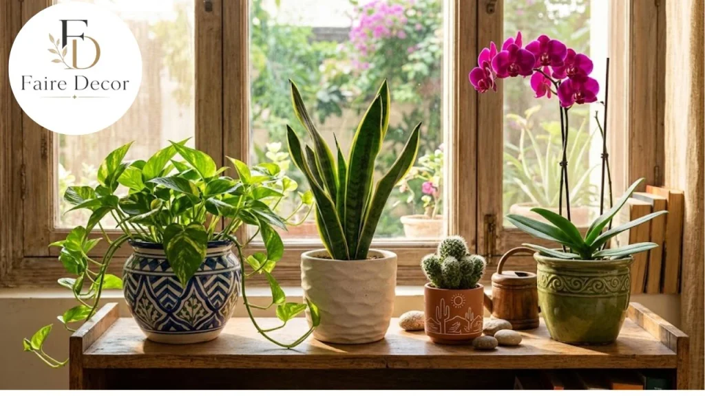 Houseplants in decorative pots that need different potting soil