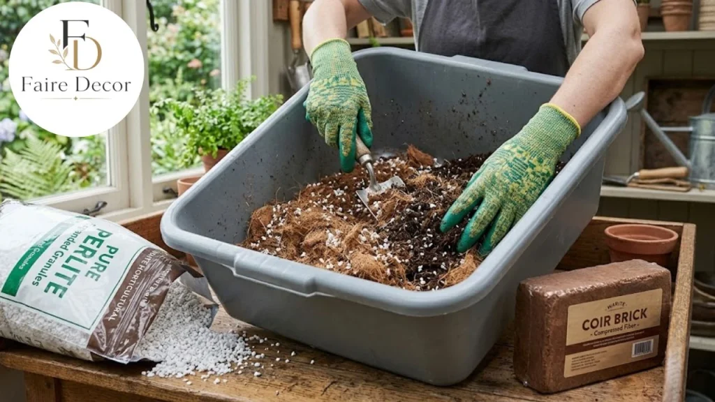 Mixing homemade potting soil in a tub