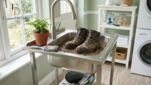 Freestanding stainless steel utility sink with a bucket in a bright laundry room