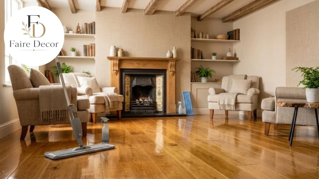 Freshly cleaned hardwood floor with a microfiber spray mop